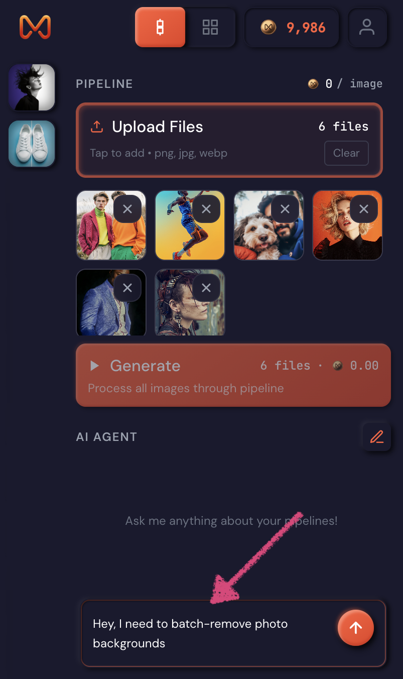 Merchloom.ai AI assistant chat interface showing where to type natural language commands for batch image processing