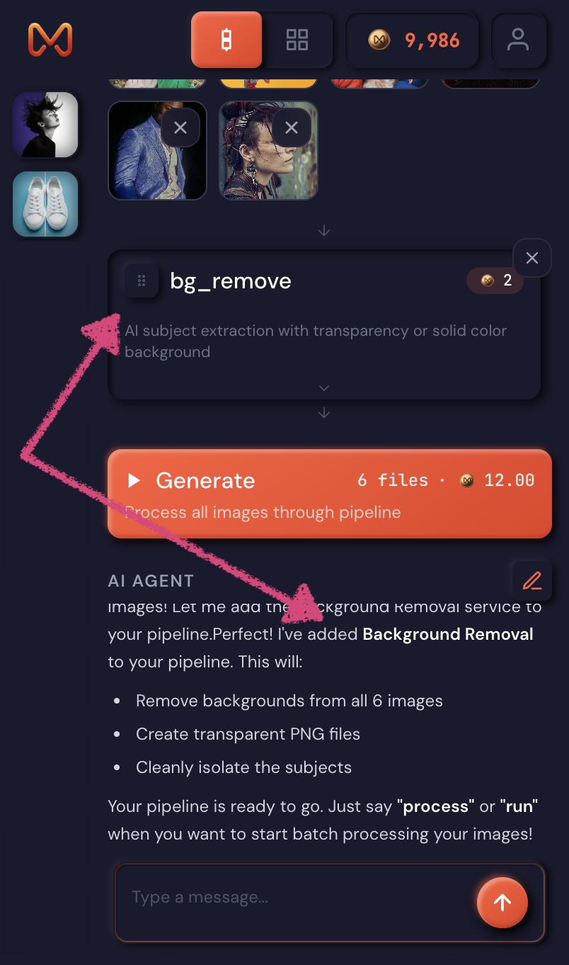 Merchloom.ai AI agent automatically building and configuring pipeline operations for batch background removal and resize