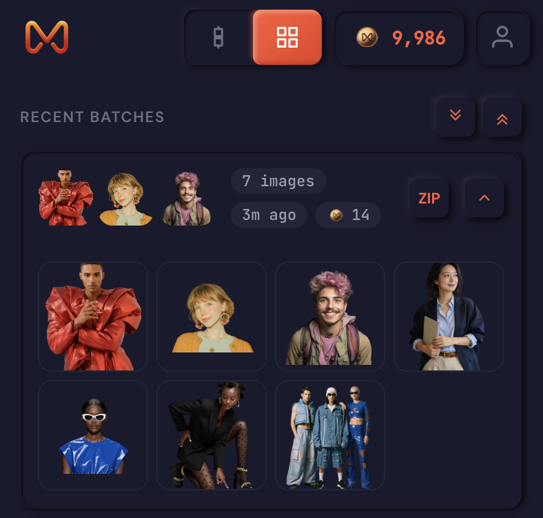 Merchloom.ai batch processing results showing progress bars and completed product images for e-commerce