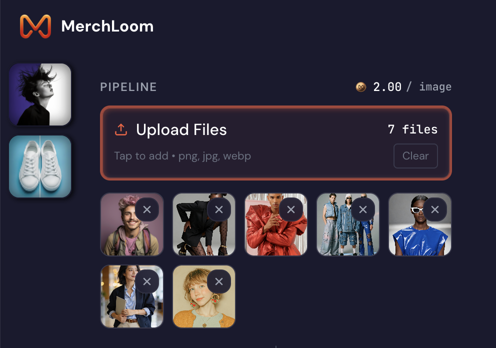 Merchloom.ai batch image upload interface for uploading multiple product photos at once