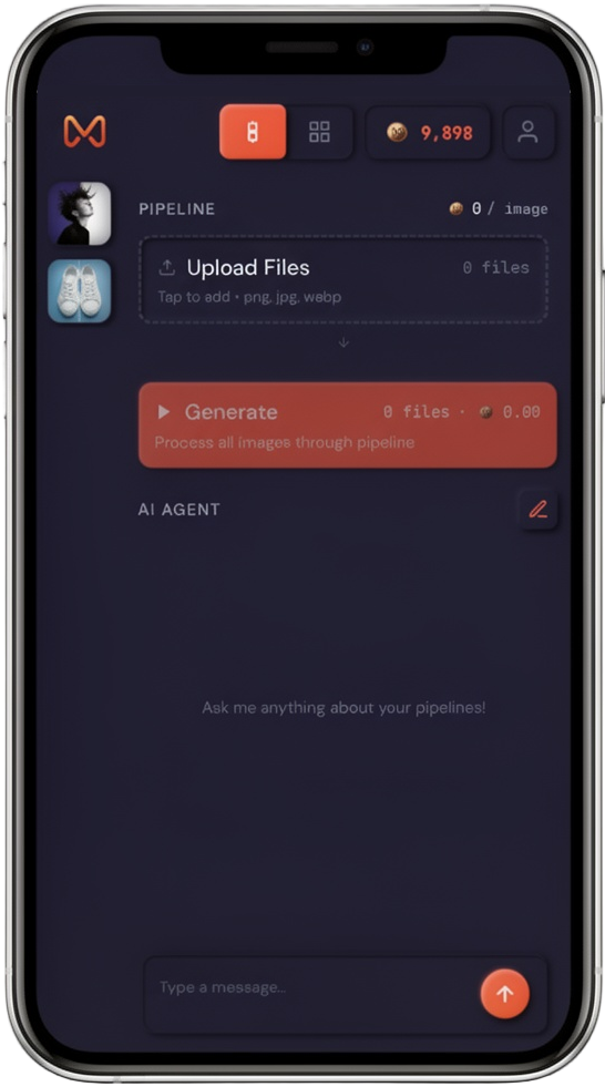 Merchloom.ai mobile interface showing batch processing with toggle between Pipeline and Results views for e-commerce product photos