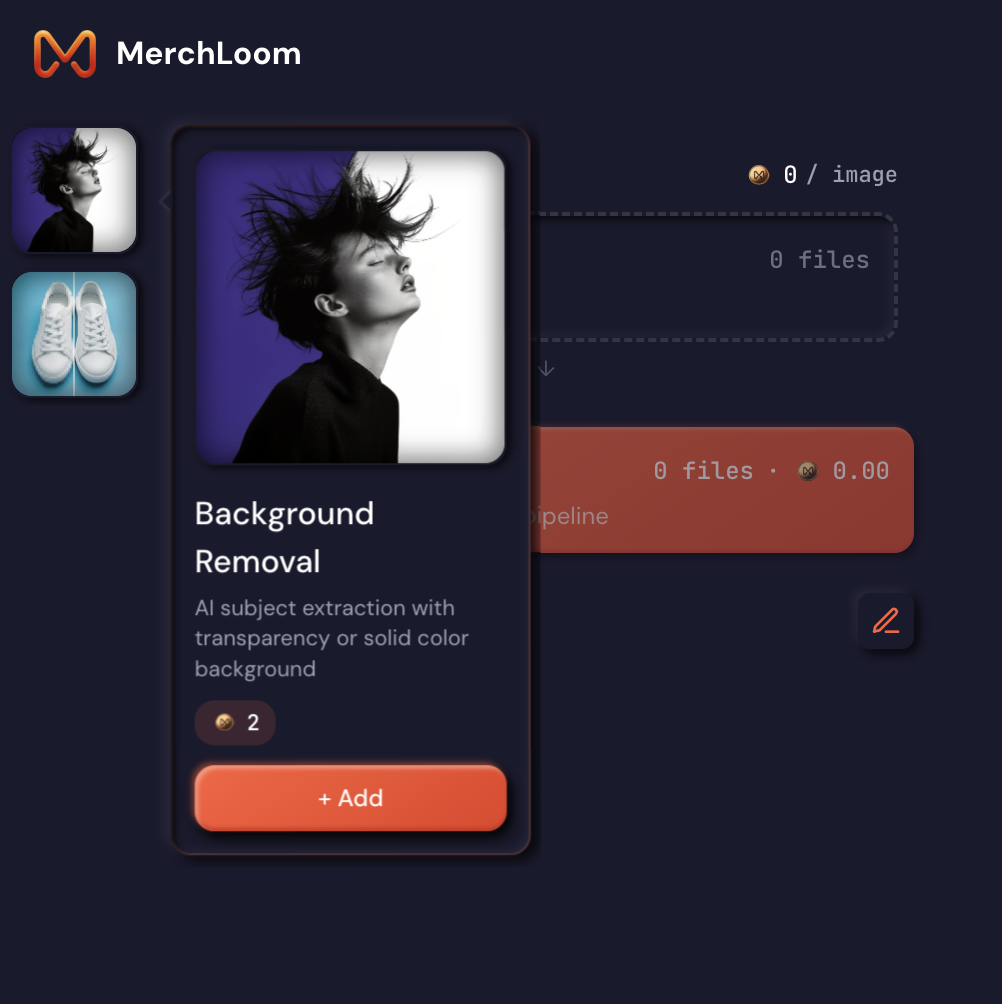 Merchloom.ai pipeline builder showing how to add background removal operation from service sidebar