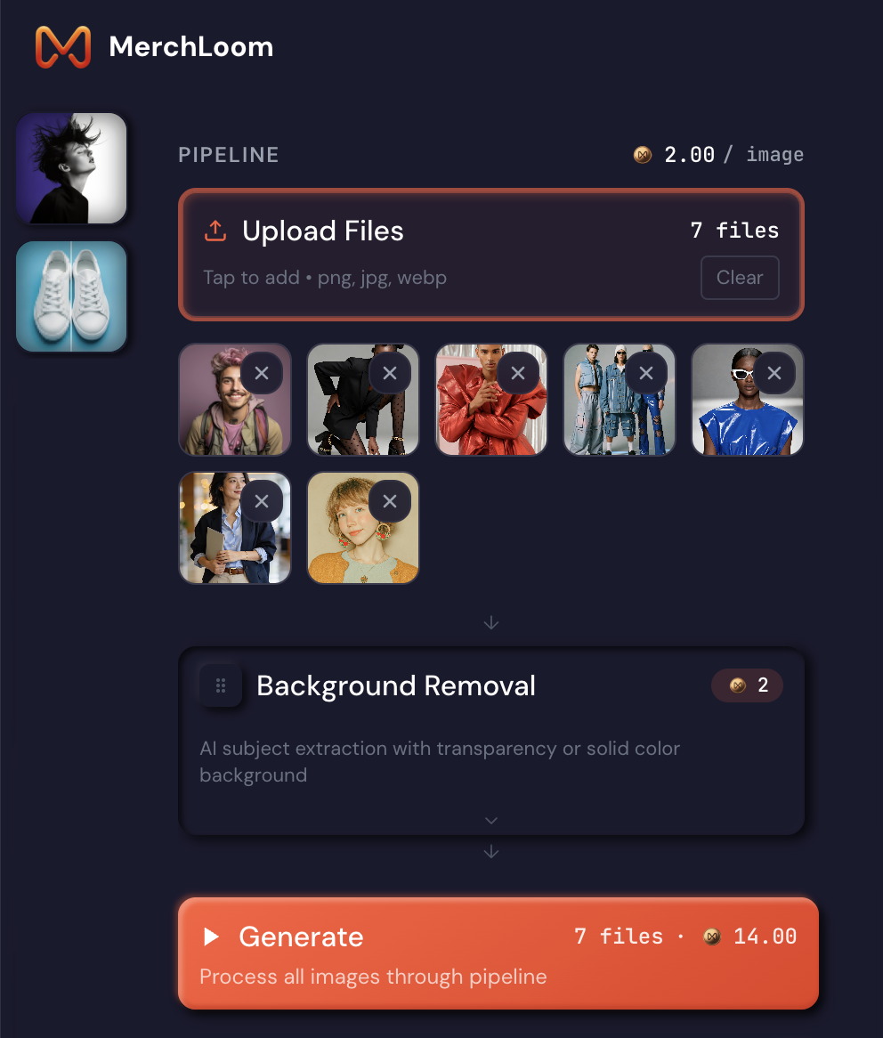Merchloom.ai pipeline builder showing stacked operations for batch image processing with background removal, resize, and compress steps