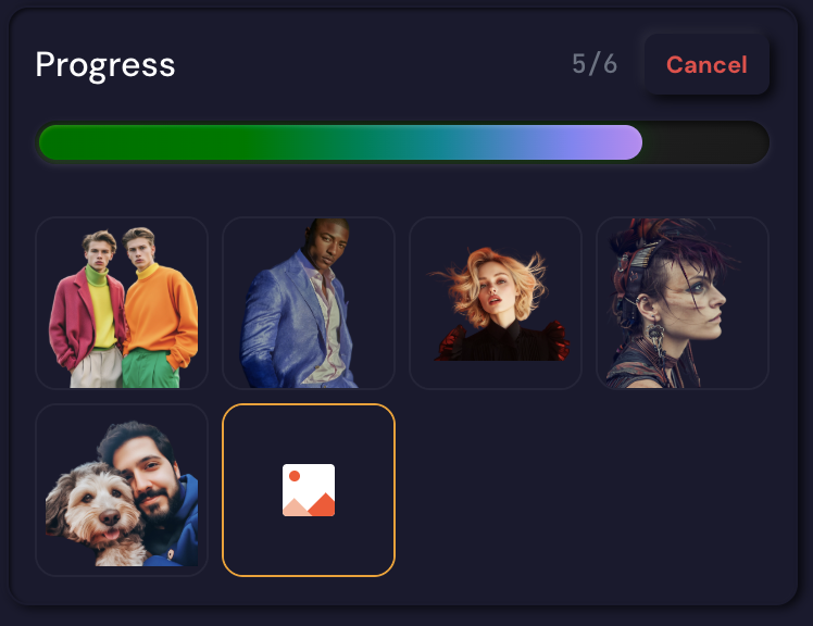 Real-time batch processing progress tracking showing pipeline execution status for multiple product images