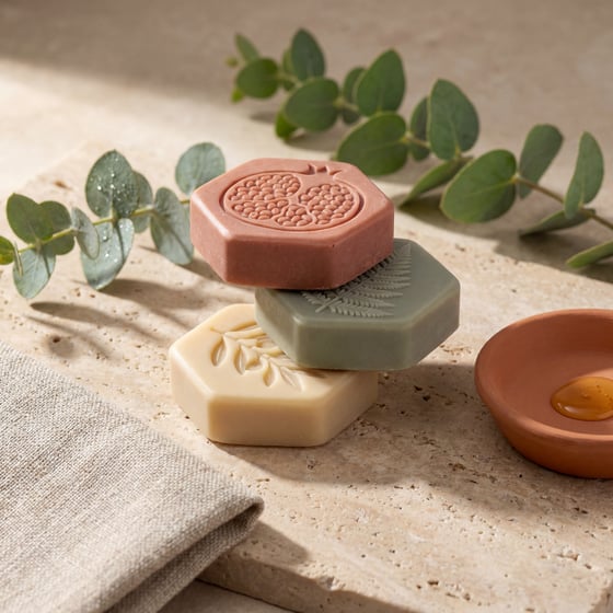 Hand-pressed botanical balm bars on a travertine slab