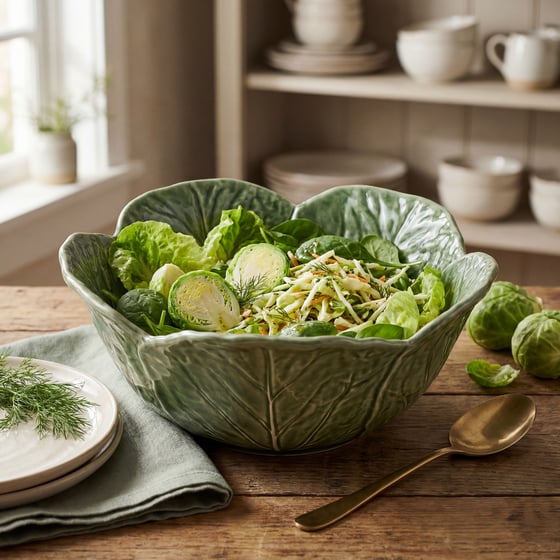 Cabbage-form ceramic serving bowl in a rustic kitchen