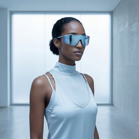 Frost-blue mirror-lens shield sunglasses on a model