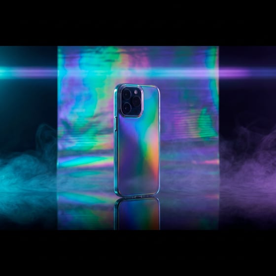 Holographic iridescent phone case on a mirrored set
