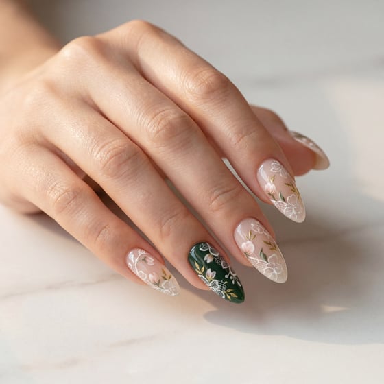 Lace-design press-on nail set worn on a hand