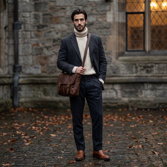 Distressed leather satchel bag worn in an autumn street scene