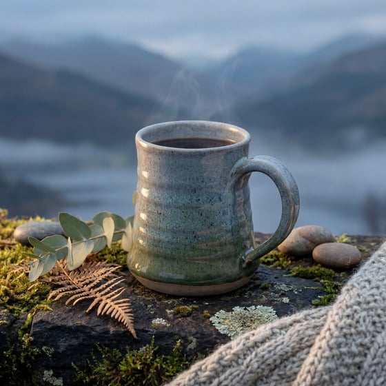 Reactive-glaze stoneware mug on a mossy highland ledge