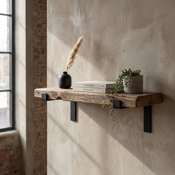 Reclaimed-wood and steel wall shelf in an eco-industrial room