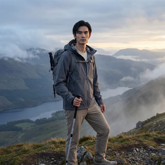 Storm-grey mountaineering shell jacket in a misty highland scene