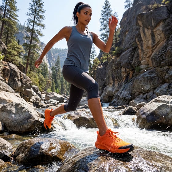 High-vis trail-running shoes worn mid-stride across river rocks