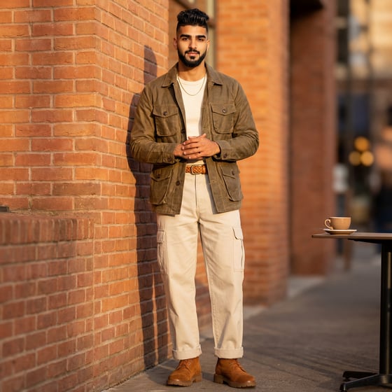 Waxed canvas field jacket on a model at golden hour