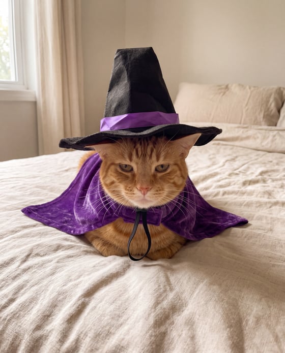 Witch hat and cape · on the bed