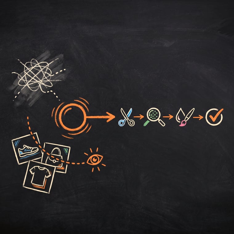 Chalk illustration: from one message the agent reads the photos and lays out a clean row of processing steps