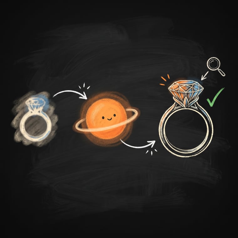 Chalk illustration: a tiny low-resolution jewelry photo upscaled into a large razor-sharp image