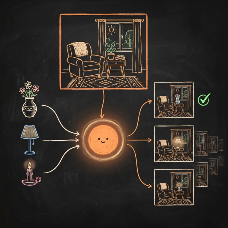 Chalk illustration: the MerchLoom agent placing many different products into one chosen styled room scene