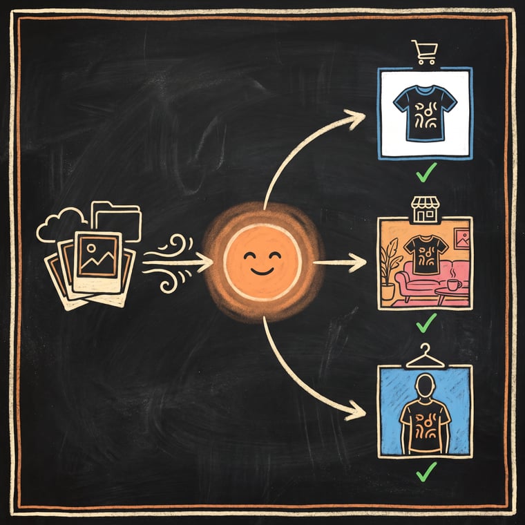 Chalk illustration: one source catalog formatted three different ways for three different shopping channels