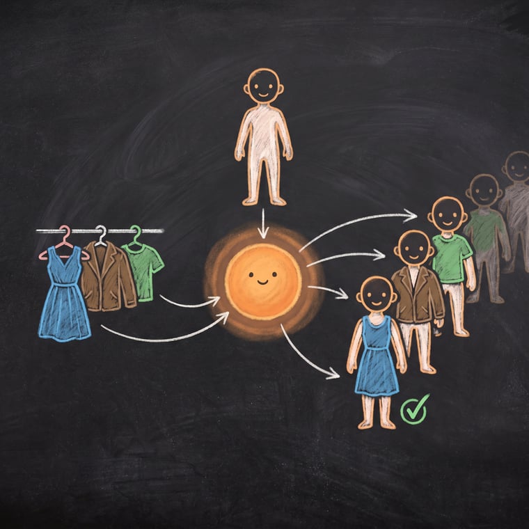 Chalk illustration: a rail of garments and one model figure, each garment returned worn by the same model
