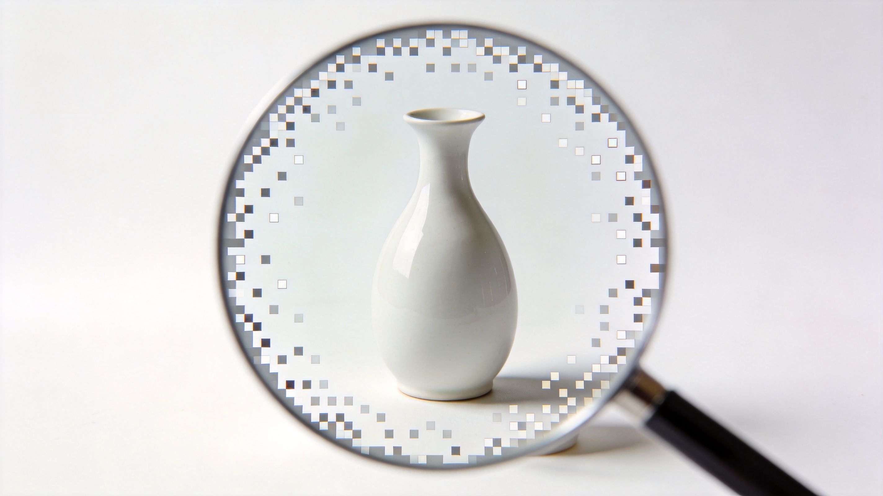 A white ceramic vase seen through a magnifying glass, highlighting fine details and texture.