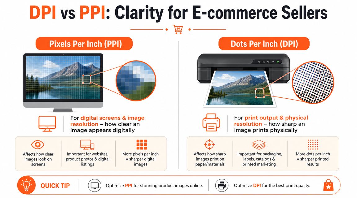 A comparison infographic explaining the differences between PPI for digital screens and DPI for physical printing.
