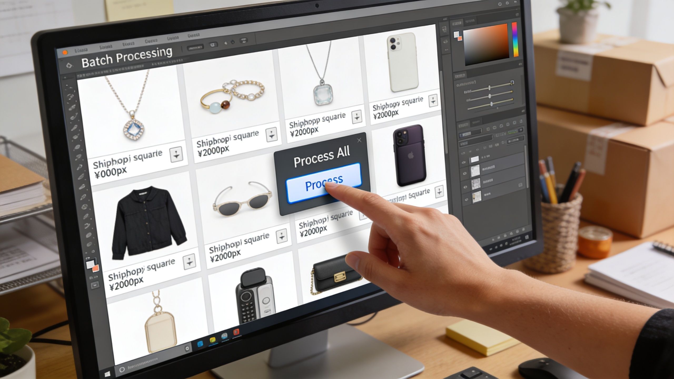 A person using a touch screen computer monitor to batch process product images for an online store.