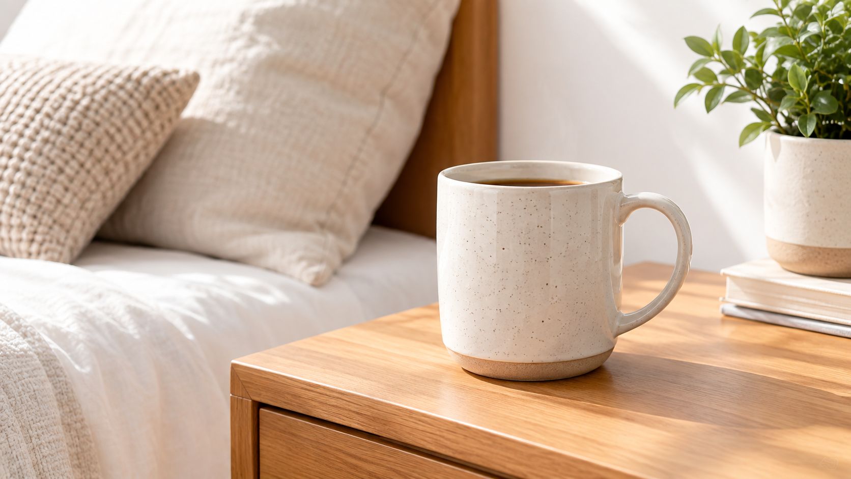 A ceramic coffee mug sits on a wooden nightstand next to a small potted plant and pillows.