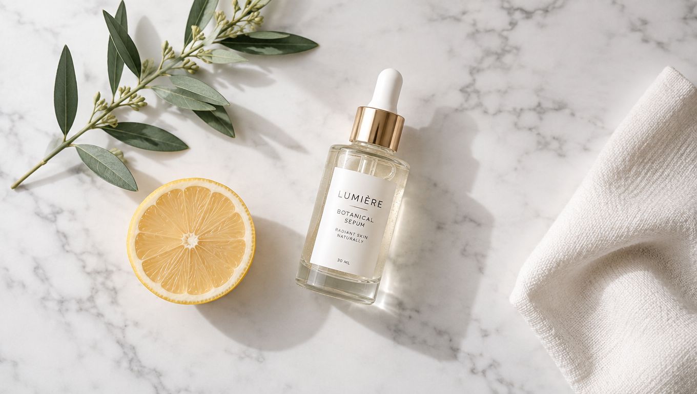 A glass bottle of Lumiere botanical serum next to a slice of fresh lemon and green leaves.