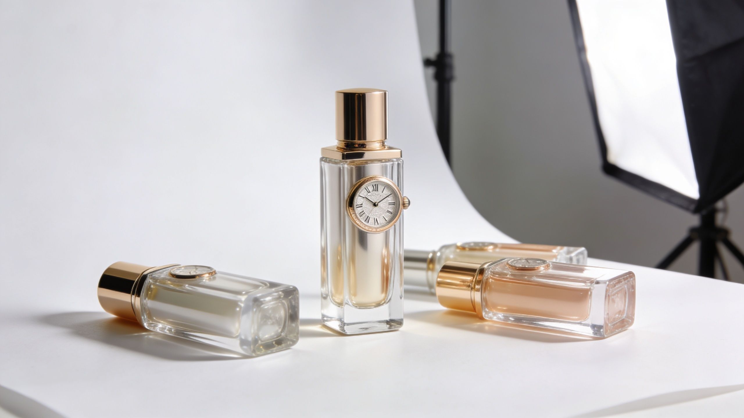 Three elegant perfume bottles with gold caps and integrated watch faces arranged on a white studio backdrop.