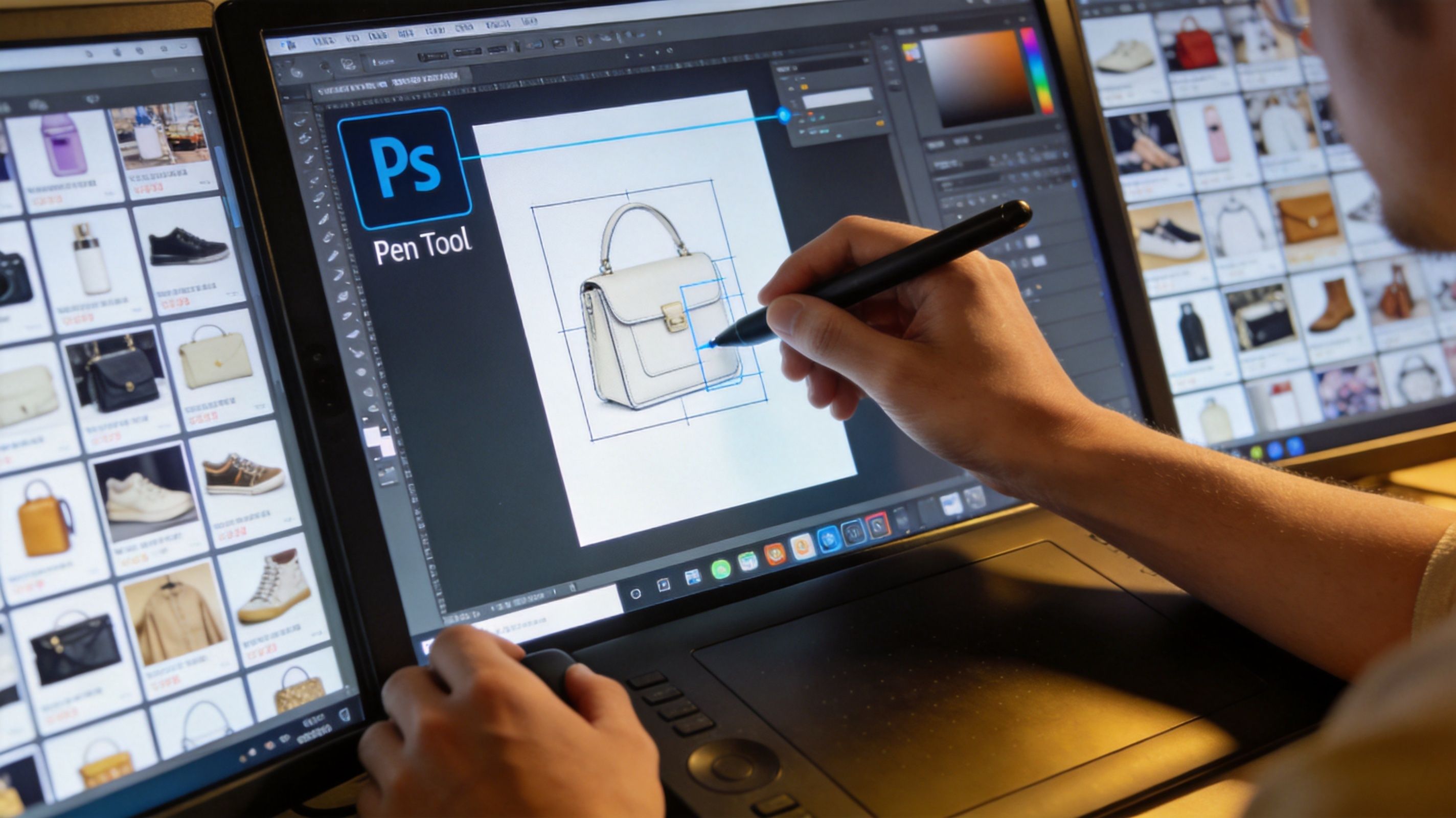 A professional designer uses a stylus and digital tablet to edit a handbag photo in Photoshop.