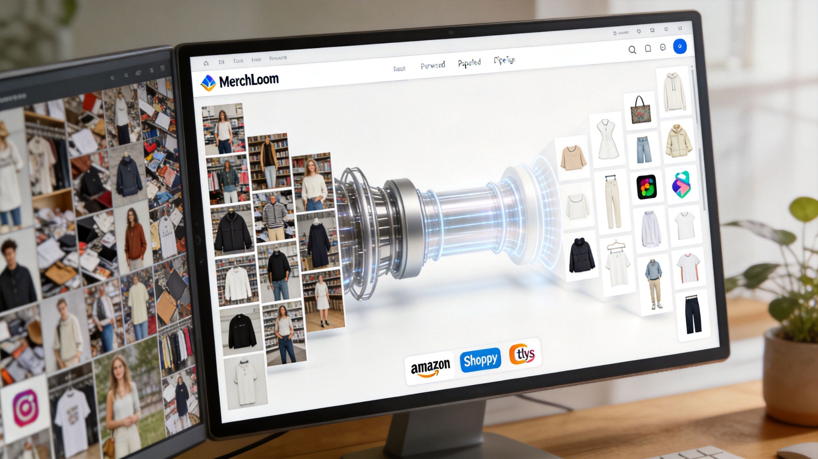 A computer screen showing the MerchLoom website with an automated digital funnel processing various clothing products.