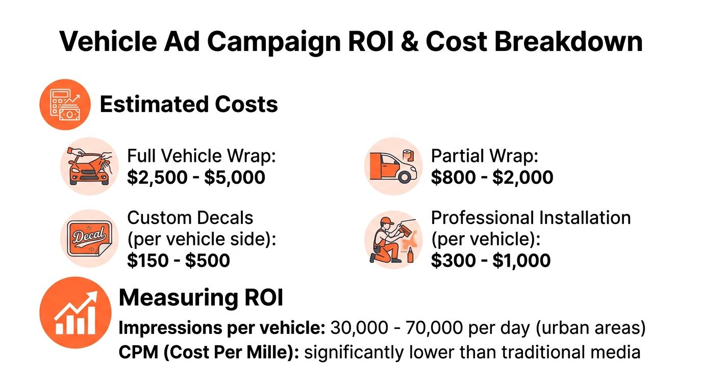 A visual breakdown comparing vehicle advertising costs for full wraps, partial wraps, decals, and installation services.