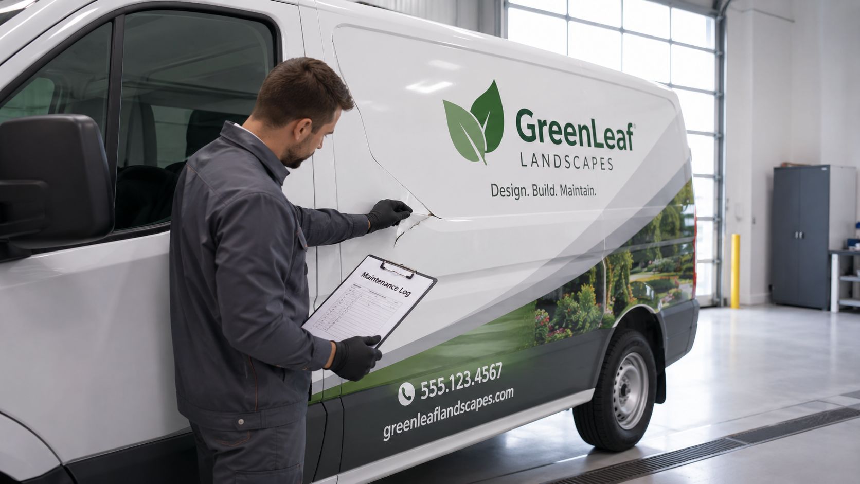 A technician inspecting a damaged section on a branded commercial van with a maintenance log.