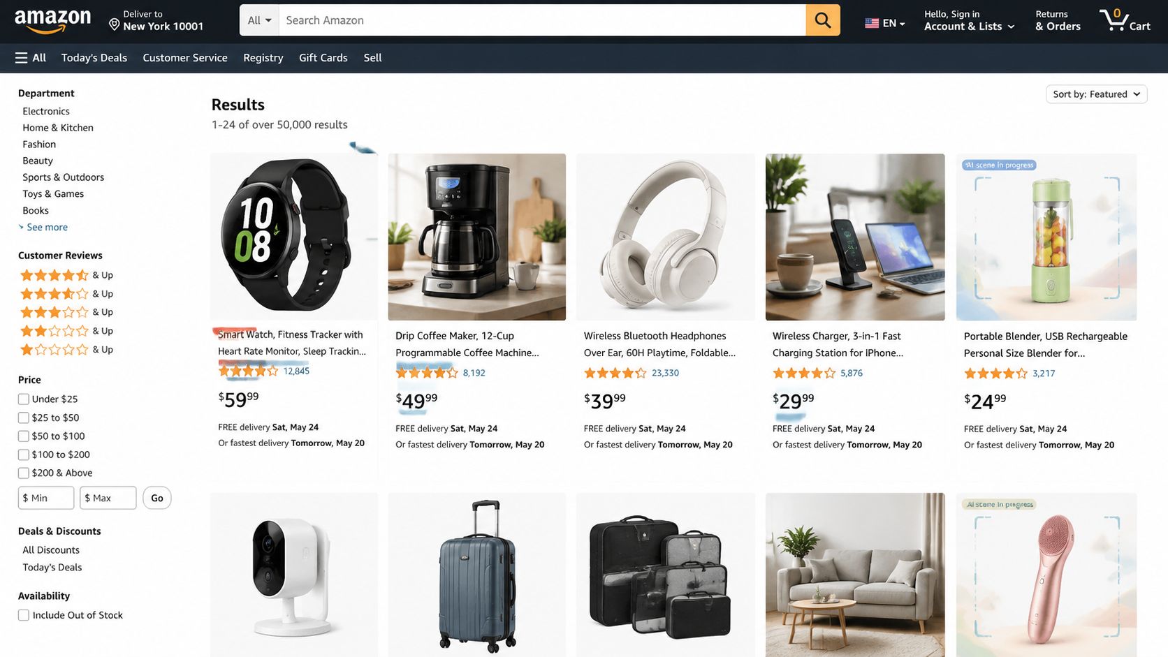 A screenshot of an Amazon search results page showcasing various consumer electronics and home products.