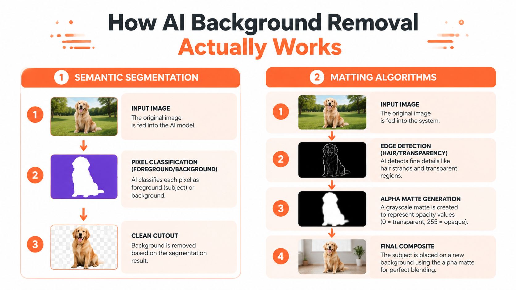 An educational infographic illustrating the step-by-step process of AI-powered background removal and matting algorithms.