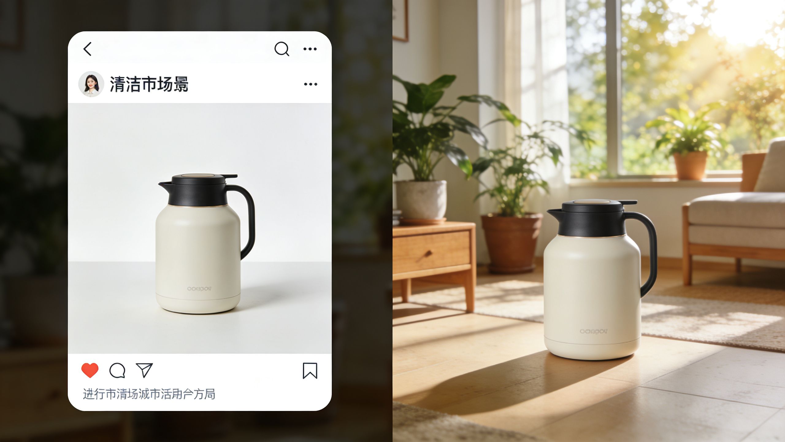 A social media post on the left featuring a beige vacuum carafe, alongside a realistic interior lifestyle shot.