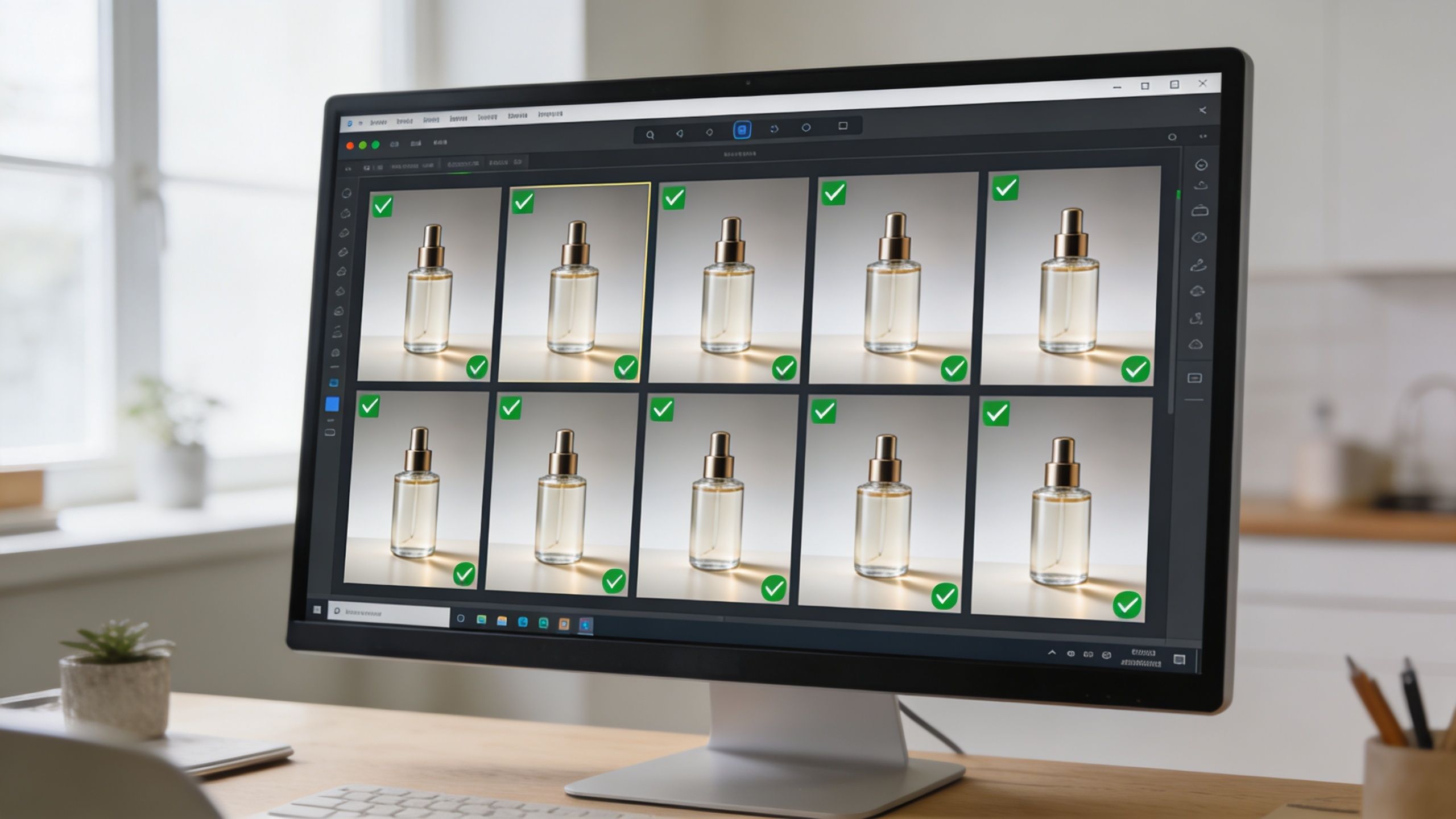 A computer monitor displaying an AI batch image editing software interface with multiple product photos selected.