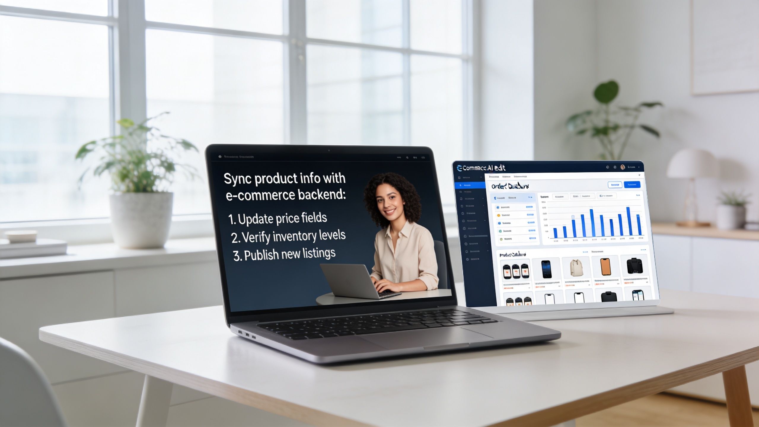 A laptop displays instructions for syncing e-commerce product data while another screen shows a dashboard interface.