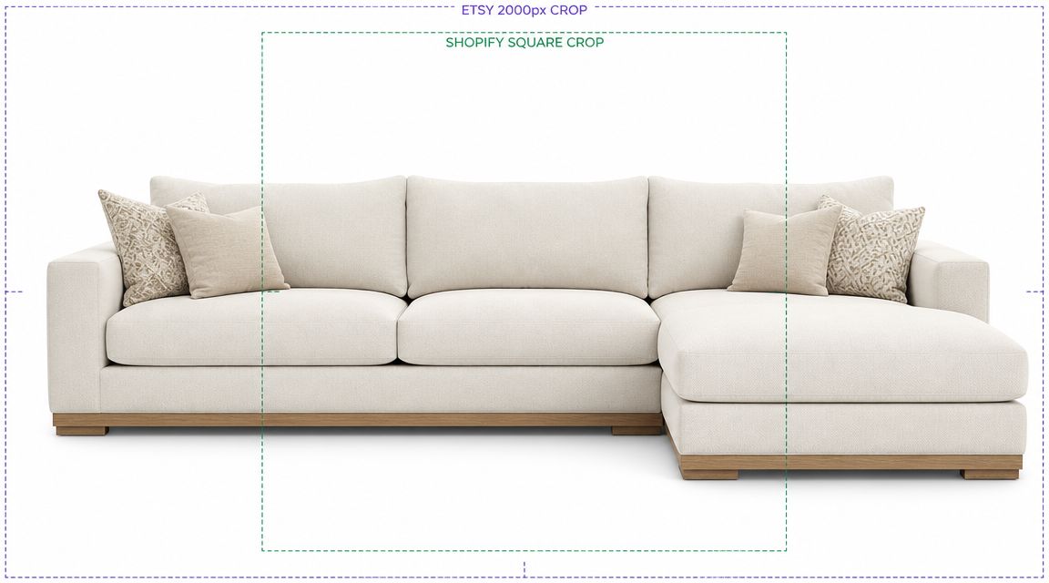 A modern cream colored sectional sofa with a wooden base and decorative throw pillows on white background.