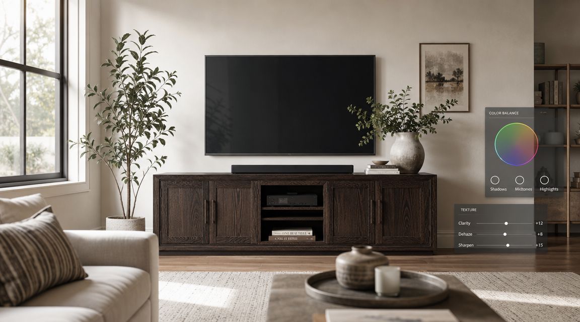 A modern living room featuring a wooden media console, a large television, a potted plant, and a sofa.