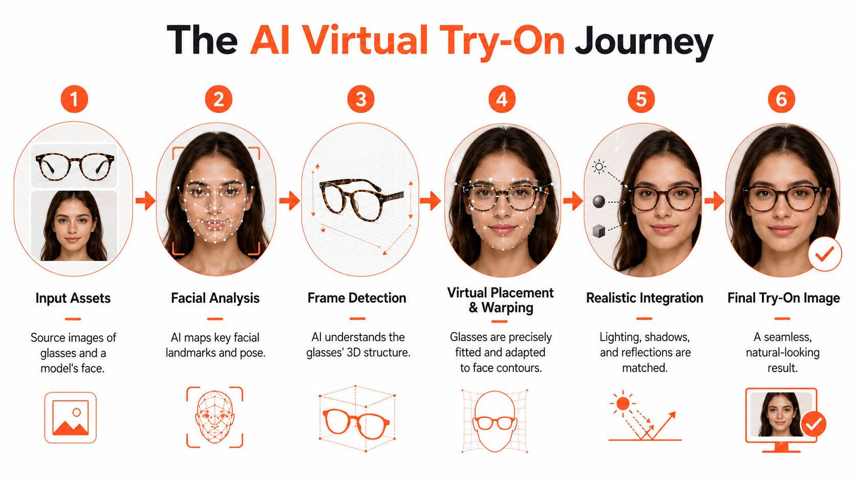 A six-step diagram illustrating the process of an AI-powered virtual glasses try-on journey for users.