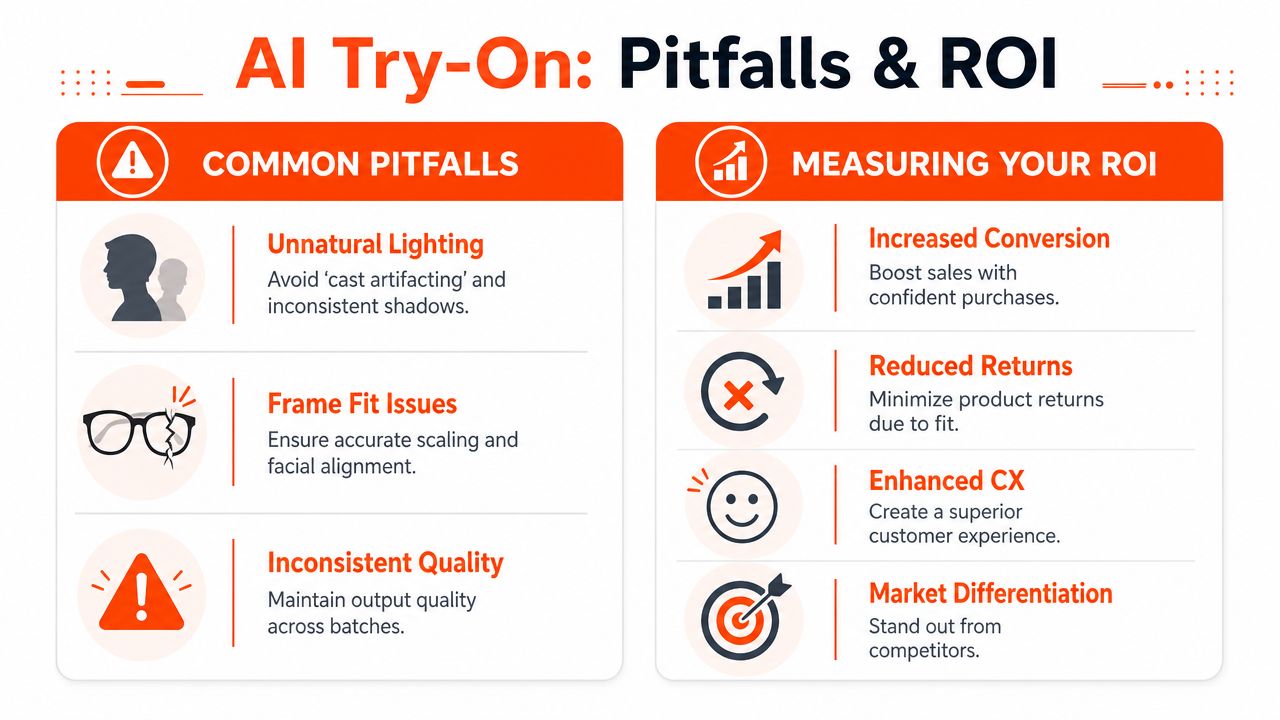 An infographic titled AI Try-On Pitfalls and ROI, outlining common issues like lighting and fit versus business benefits.