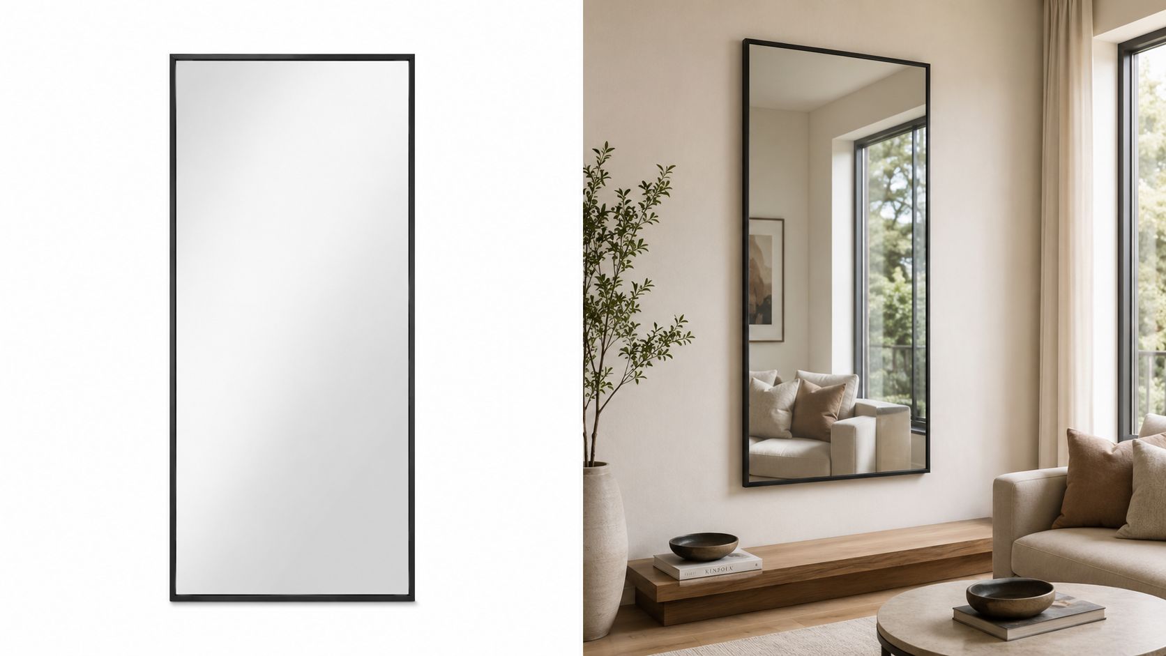 A modern, minimalist rectangular black-framed mirror shown alone and styled in a cozy, neutral-toned living room.