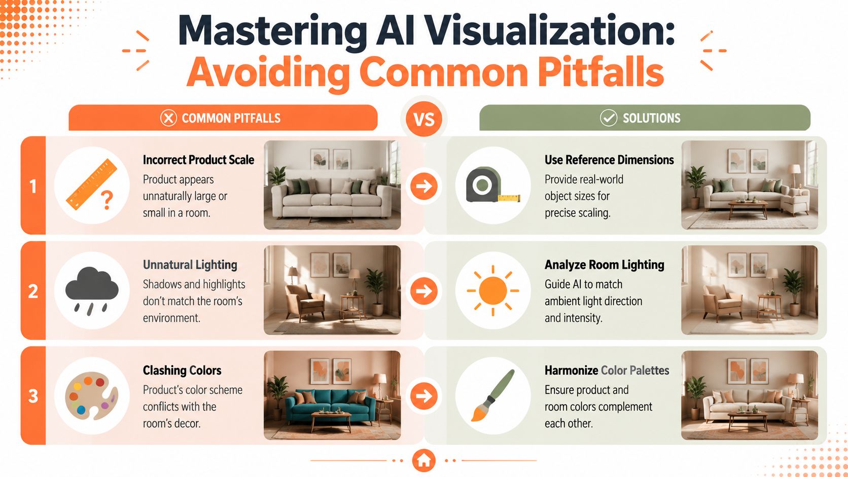 An infographic showing common AI home decor visualization pitfalls versus their corresponding design solutions.