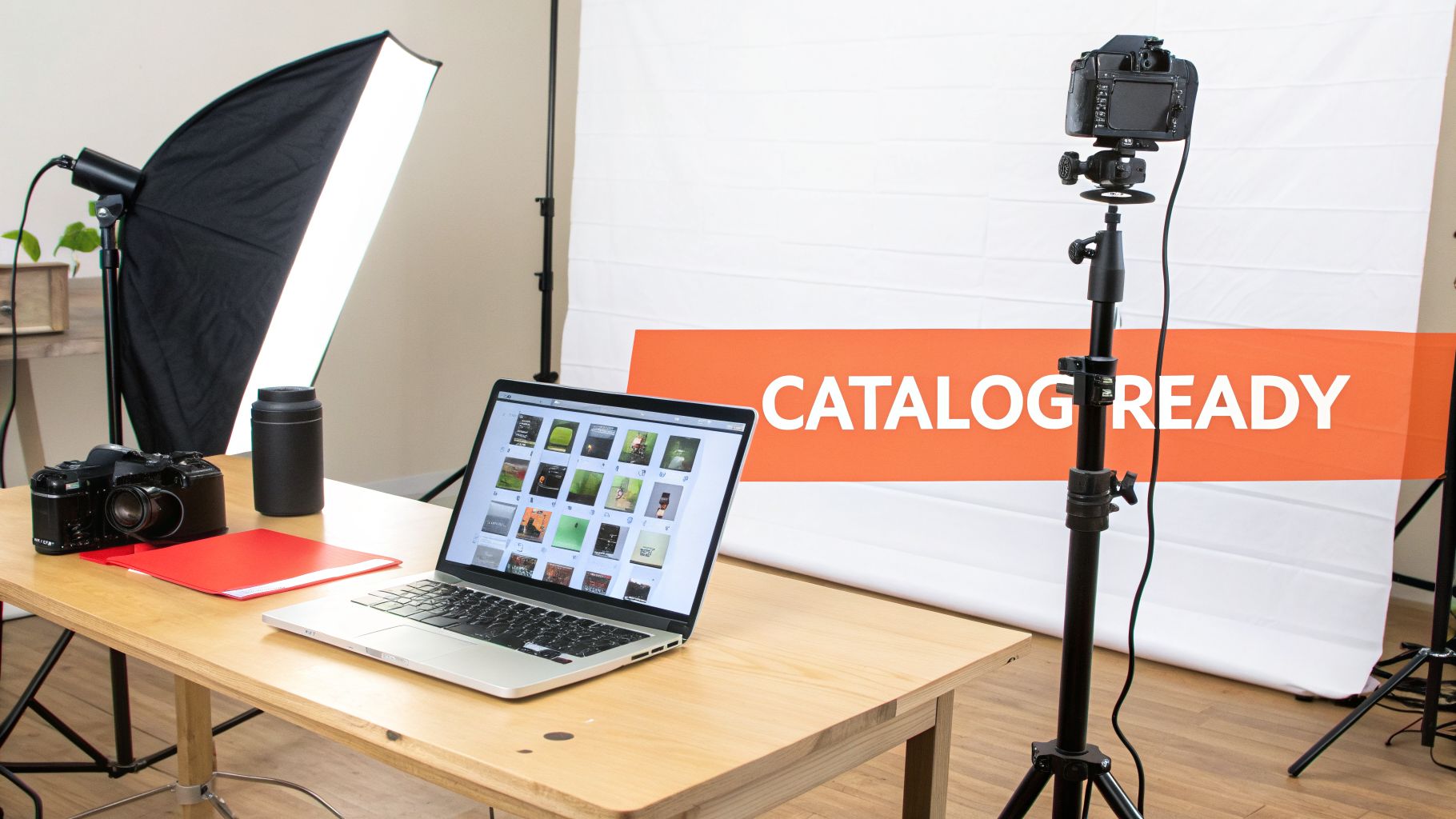A product photography studio setup with a camera, lighting, and a laptop displaying images, ready for a catalog.