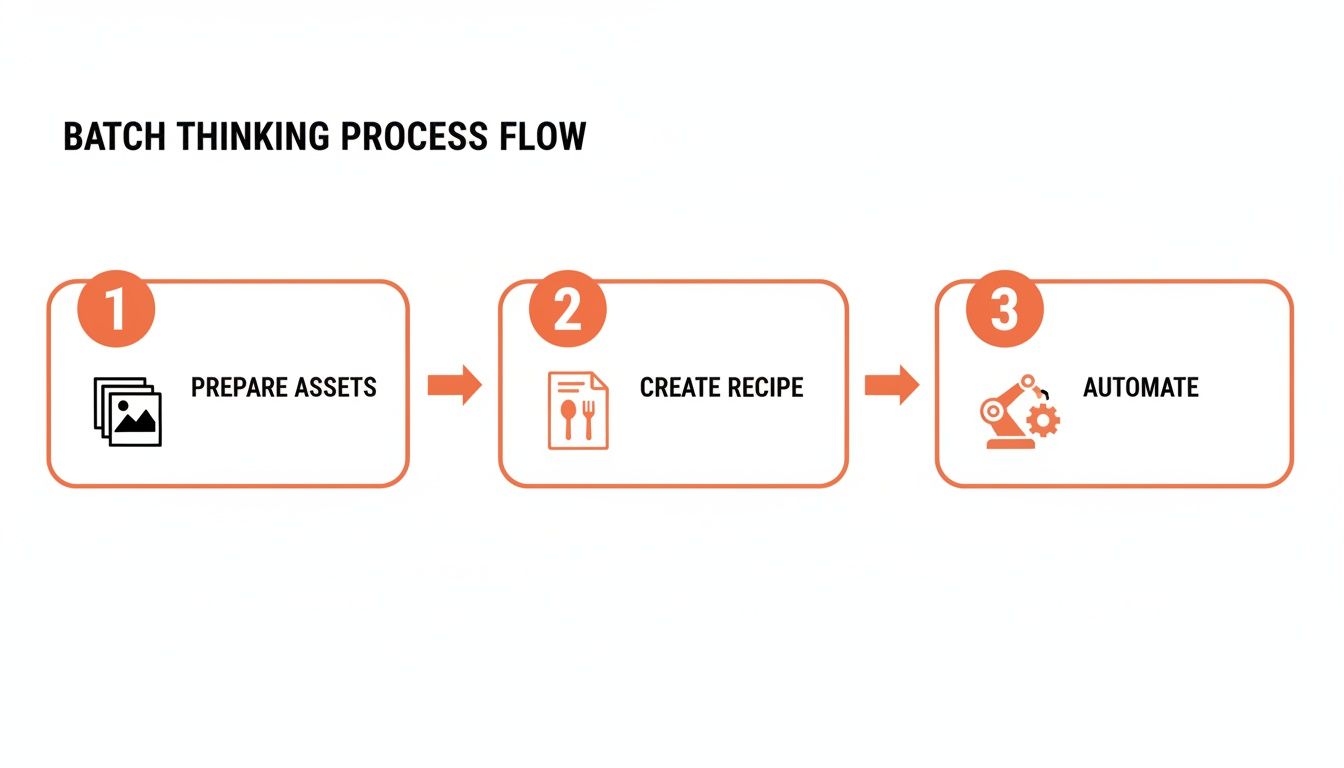A batch thinking process flow diagram showing three steps: Prepare Assets, Create Recipe, and Automate.