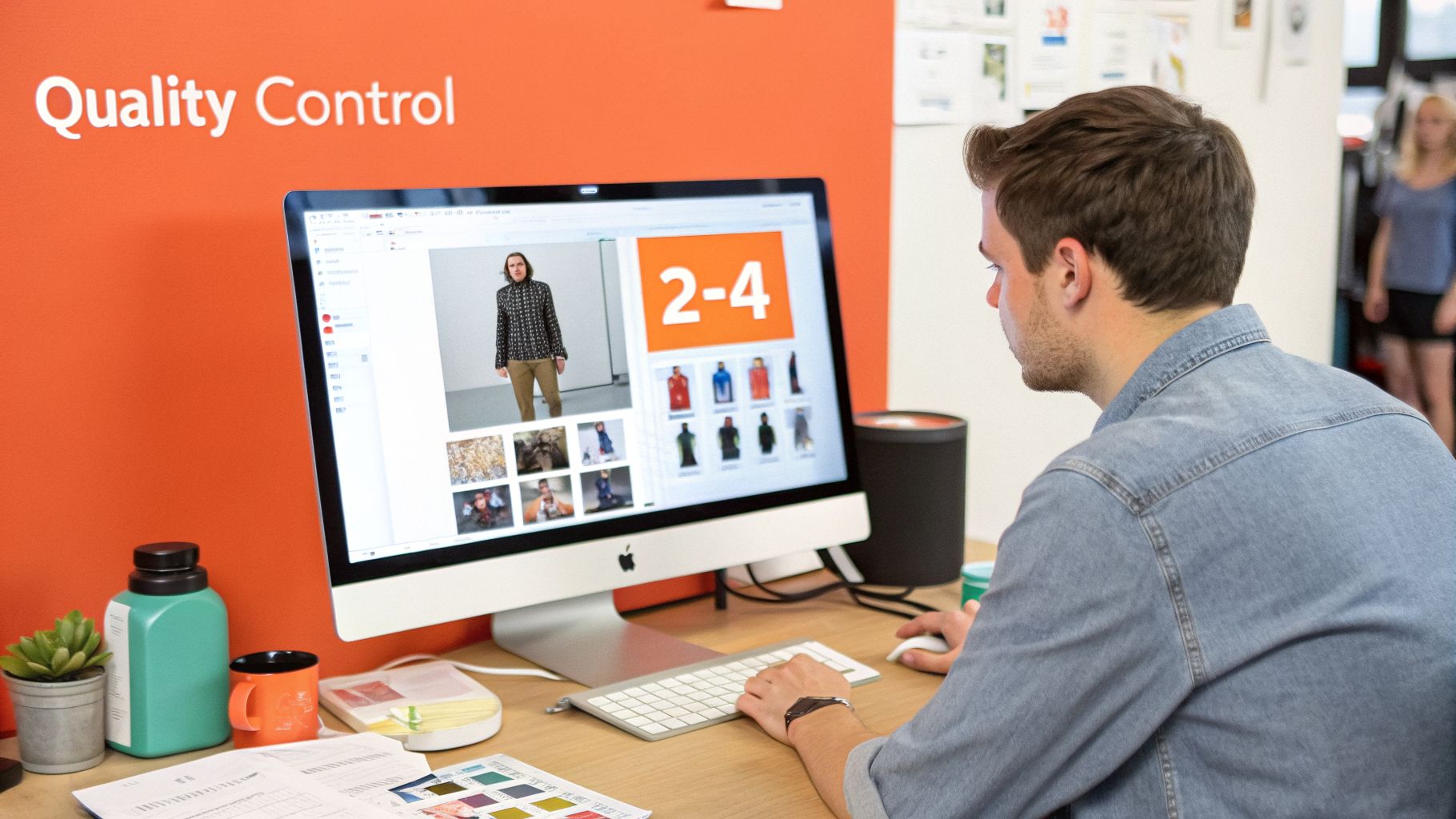 A man in a denim shirt works on an Apple iMac, reviewing images for quality control.