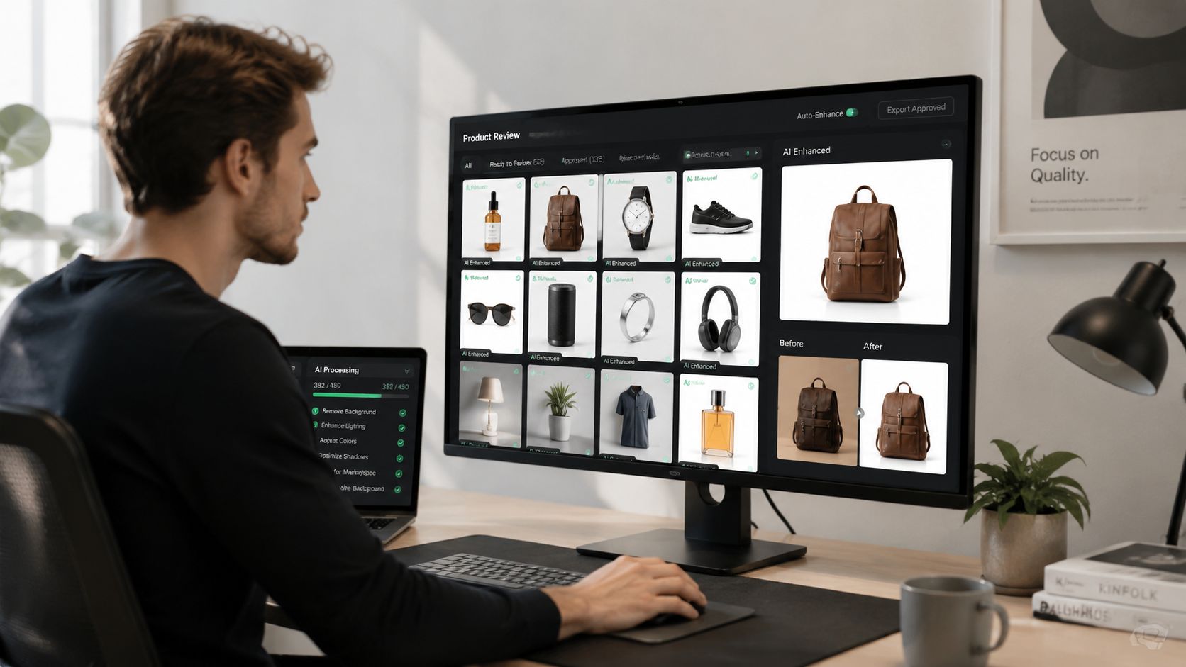 A professional man using a computer monitor to perform AI-driven image editing on product photos in an office.